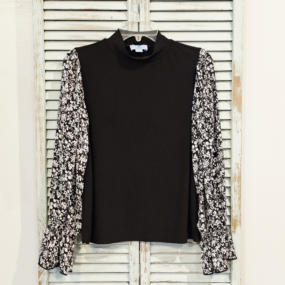 CeCe Black Top with Black & White Floral Sleeves